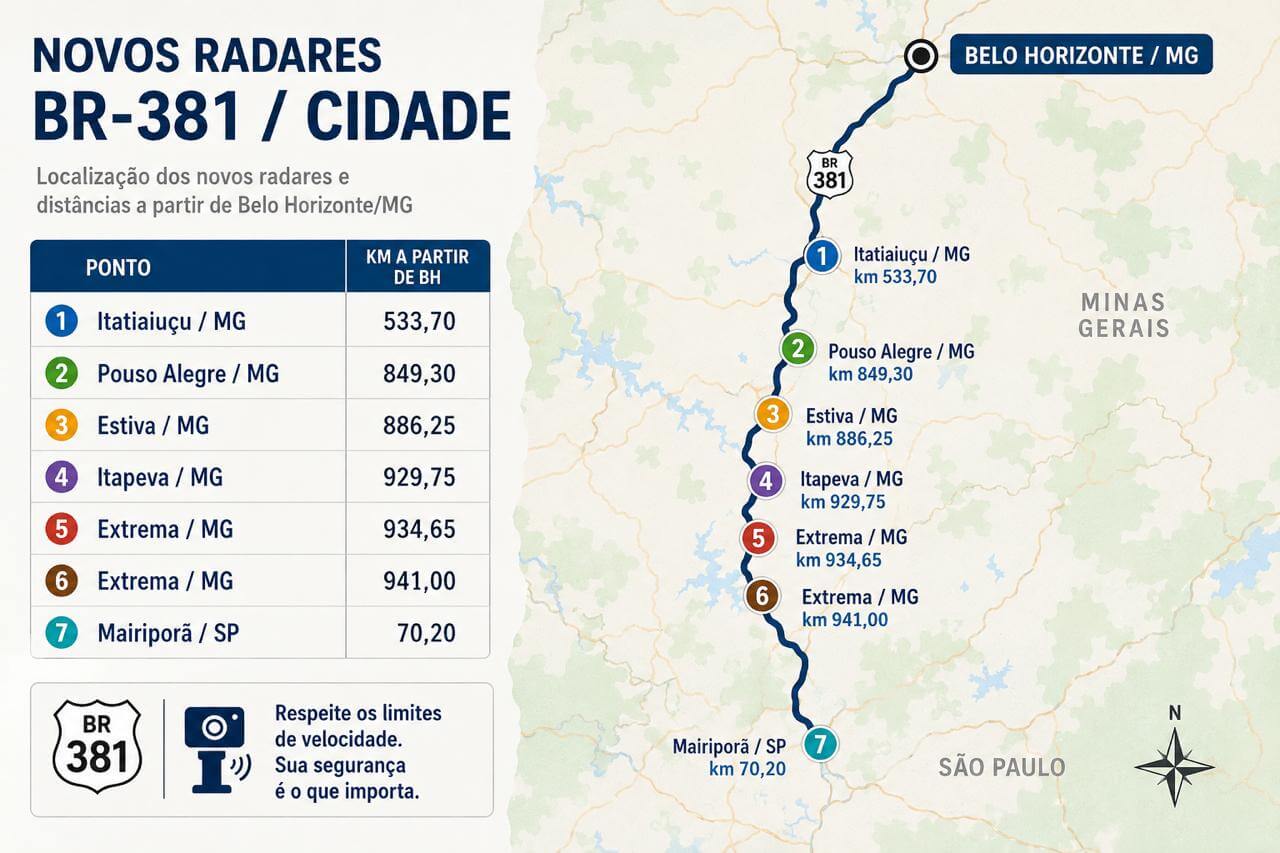 Localidades dos novos radares na BR-381 Belo Horizonte à São Paulo